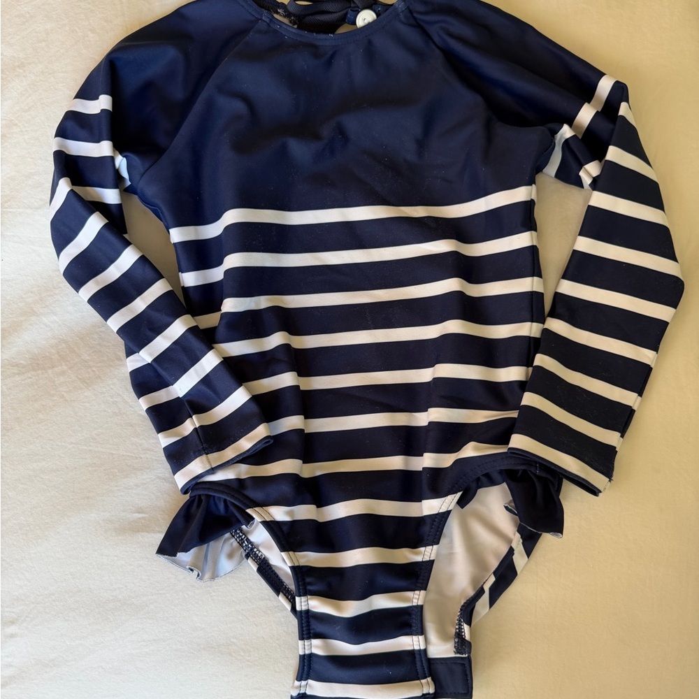 Girls Long-Sleeve Navy & White Stripe Rashguard Swimsuit